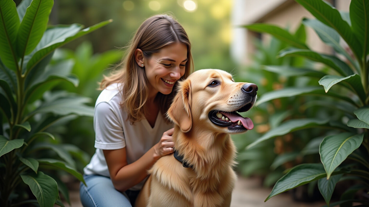 Plantas Tóxicas para Cachorros: Um Guia Essencial para a Segurança do Seu Pet Mulher sorrindo acariciando cachorro em jardim brasileiro com plantas tóxicas.