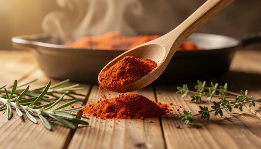 Melhore o Sabor dos seus Pratos com Temperos e Condimentos Colher de madeira com páprica vermelha e ervas frescas em close-up