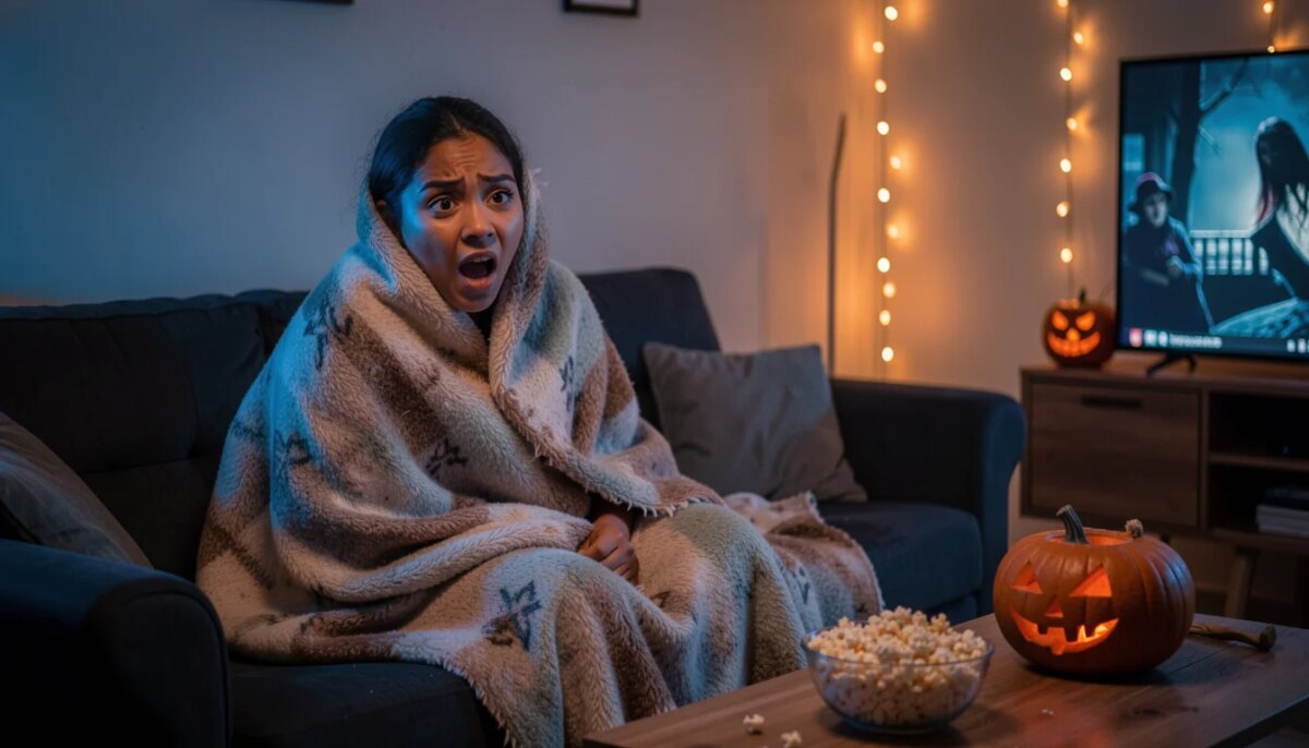 Jovem em maratona de filmes de terror no Halloween em sala aconchegante