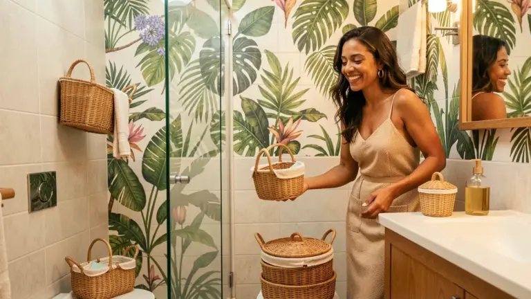 Organização de banheiro pequeno com cestos: guia por canto do ambiente